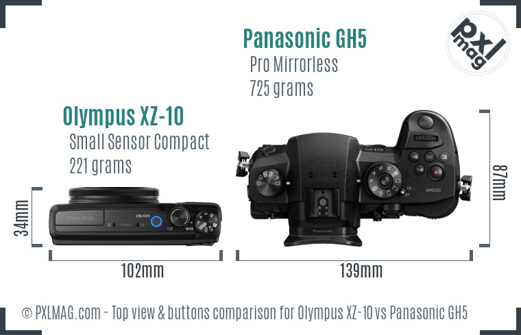 Olympus XZ-10 vs Panasonic GH5 top view buttons comparison