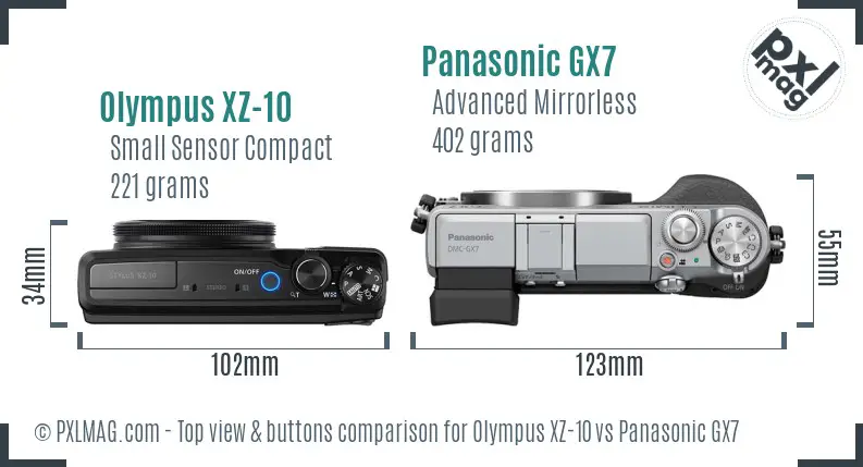 Olympus XZ-10 vs Panasonic GX7 top view buttons comparison Olympus XZ-10 vs Panasonic GX7 top view buttons comparison