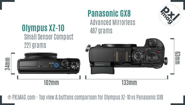 Olympus XZ-10 vs Panasonic GX8 top view buttons comparison Olympus XZ-10 vs Panasonic GX8 top view buttons comparison