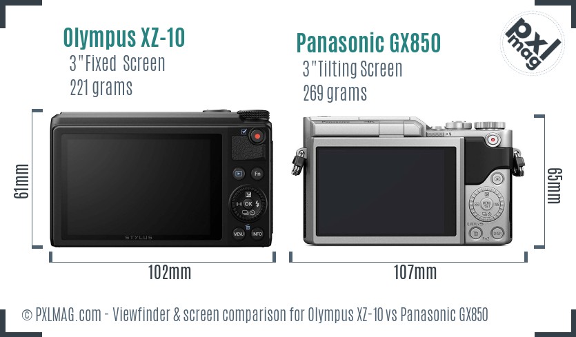 Olympus XZ-10 vs Panasonic GX850 Screen and Viewfinder comparison