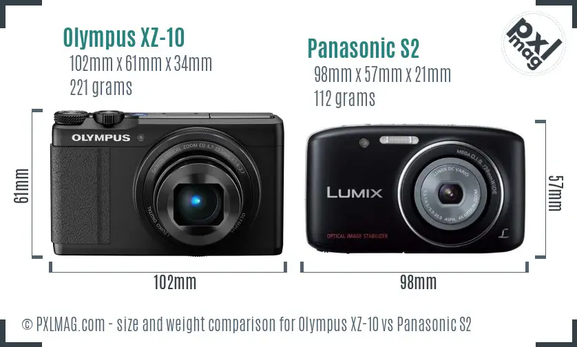 Olympus XZ-10 vs Panasonic S2 size comparison