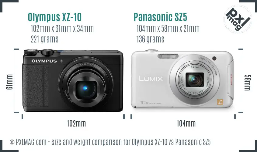 Olympus XZ-10 vs Panasonic SZ5 size comparison