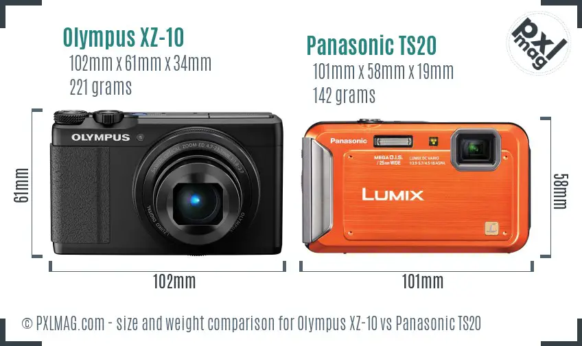 Olympus XZ-10 vs Panasonic TS20 size comparison