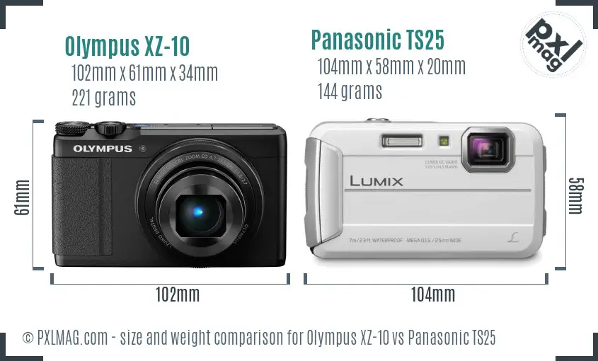 Olympus XZ-10 vs Panasonic TS25 size comparison
