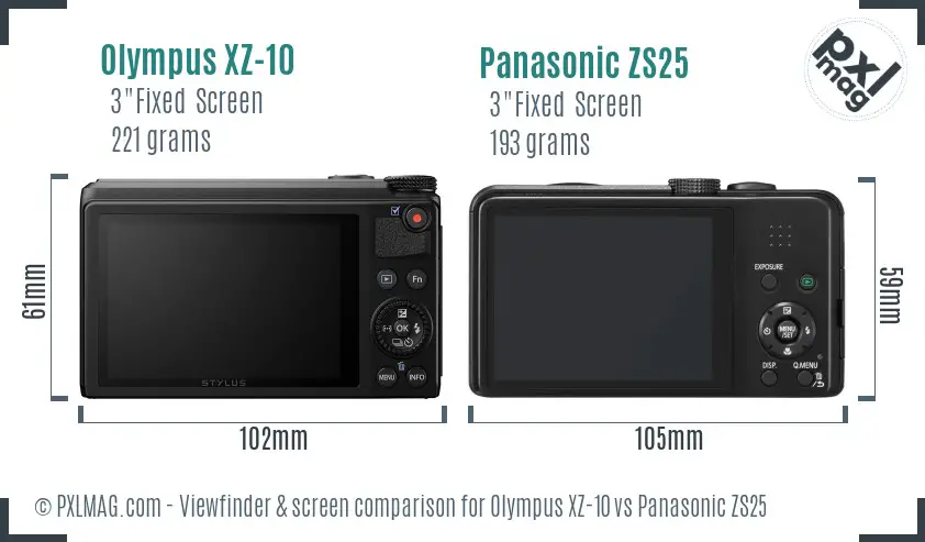 Olympus XZ-10 vs Panasonic ZS25 Screen and Viewfinder comparison