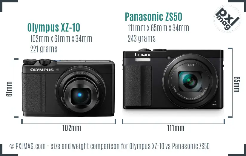 Olympus XZ-10 vs Panasonic ZS50 size comparison