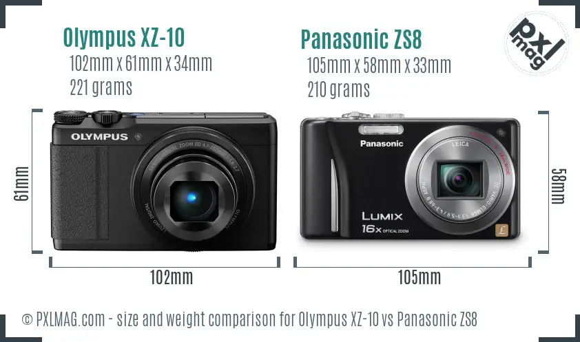 Olympus XZ-10 vs Panasonic ZS8 size comparison
