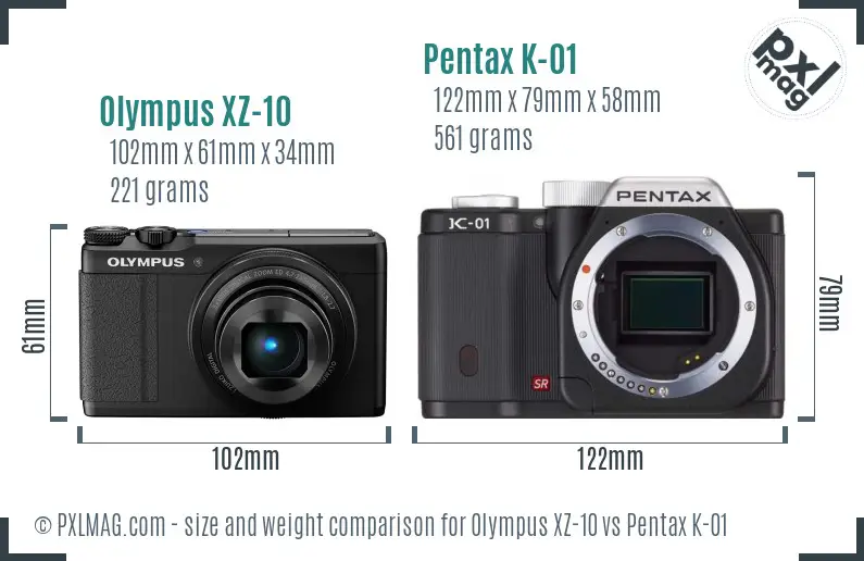 Olympus XZ-10 vs Pentax K-01 size comparison