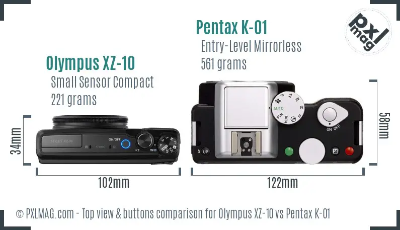 Olympus XZ-10 vs Pentax K-01 top view buttons comparison