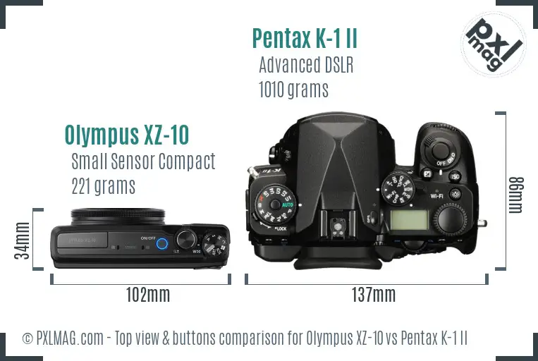 Olympus XZ-10 vs Pentax K-1 II top view buttons comparison