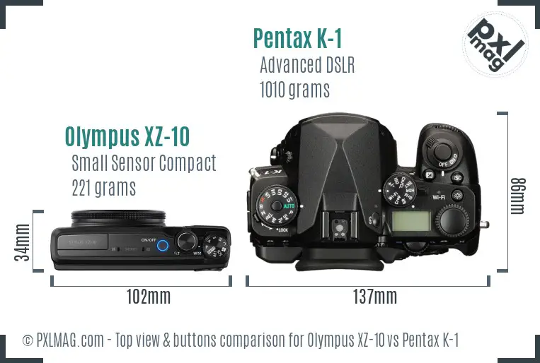 Olympus XZ-10 vs Pentax K-1 top view buttons comparison