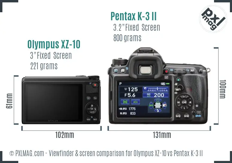 Olympus XZ-10 vs Pentax K-3 II Screen and Viewfinder comparison