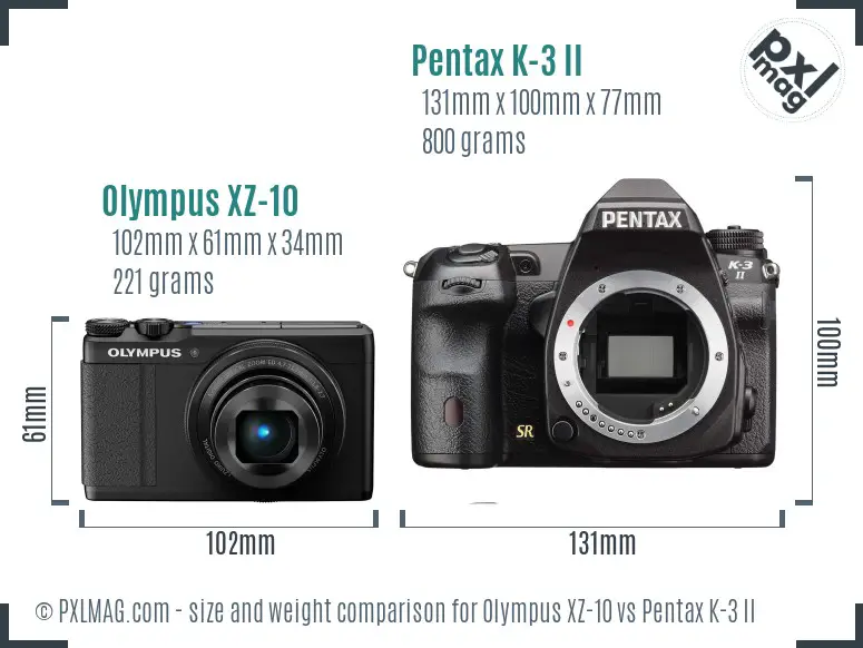 Olympus XZ-10 vs Pentax K-3 II size comparison