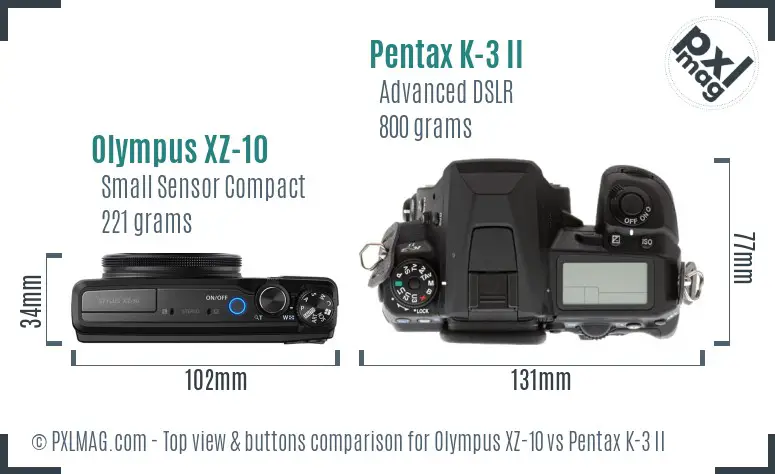 Olympus XZ-10 vs Pentax K-3 II top view buttons comparison