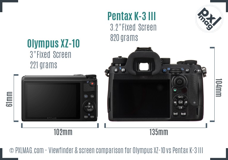Olympus XZ-10 vs Pentax K-3 III Screen and Viewfinder comparison