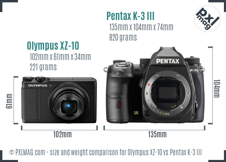 Olympus XZ-10 vs Pentax K-3 III size comparison Olympus XZ-10 vs Pentax K-3 III size comparison
