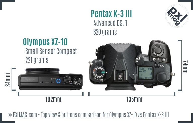 Olympus XZ-10 vs Pentax K-3 III top view buttons comparison