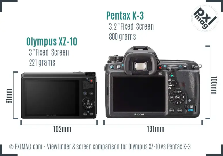 Olympus XZ-10 vs Pentax K-3 Screen and Viewfinder comparison