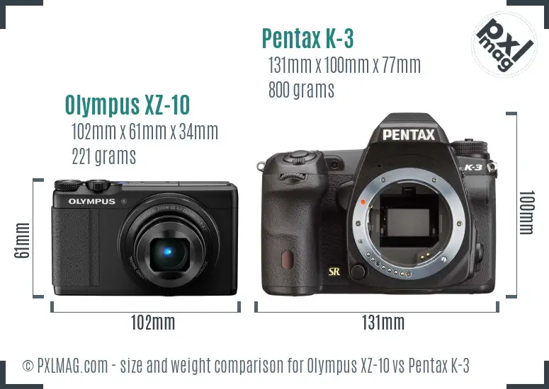 Olympus XZ-10 vs Pentax K-3 size comparison