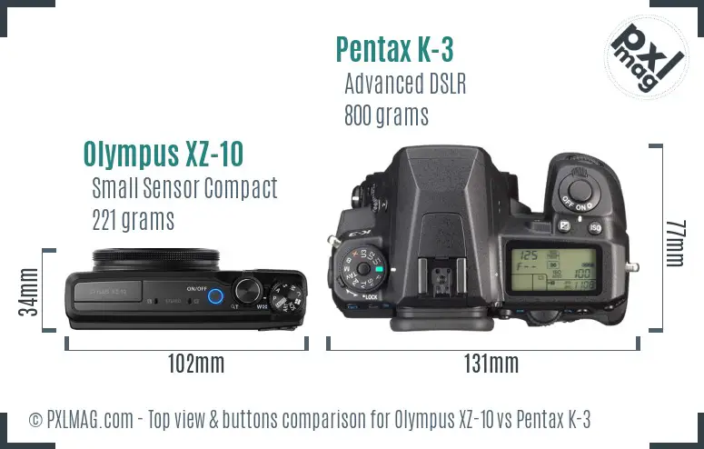 Olympus XZ-10 vs Pentax K-3 top view buttons comparison