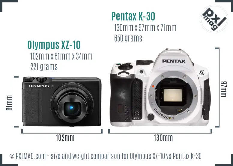 Olympus XZ-10 vs Pentax K-30 size comparison