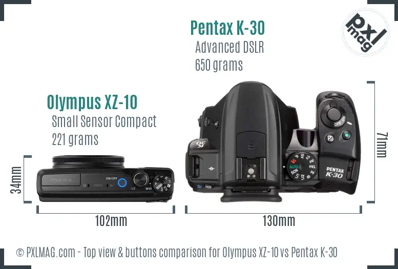 Olympus XZ-10 vs Pentax K-30 top view buttons comparison