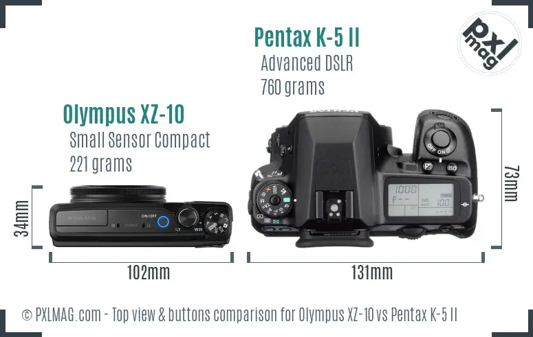 Olympus XZ-10 vs Pentax K-5 II top view buttons comparison