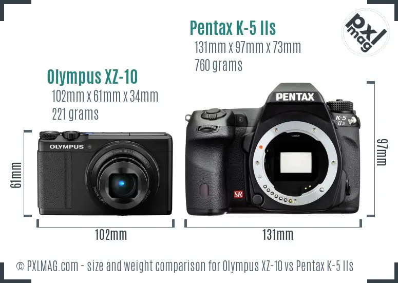 Olympus XZ-10 vs Pentax K-5 IIs size comparison