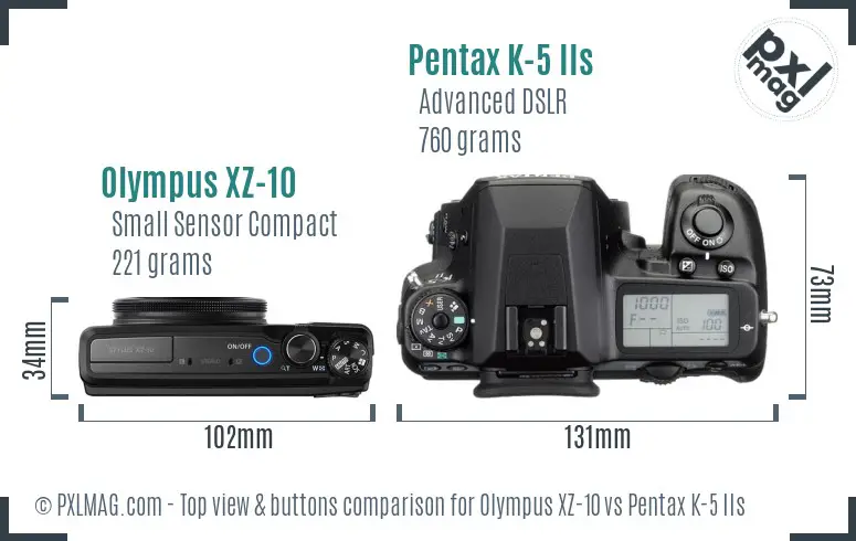 Olympus XZ-10 vs Pentax K-5 IIs top view buttons comparison