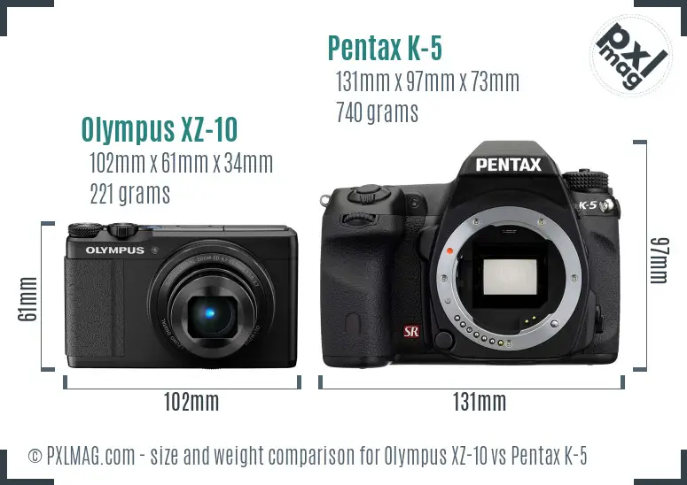 Olympus XZ-10 vs Pentax K-5 size comparison