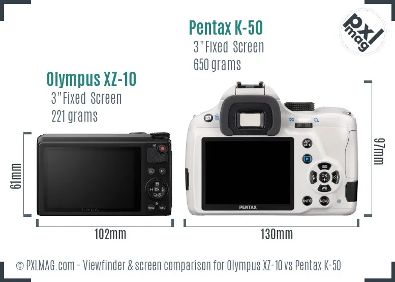 Olympus XZ-10 vs Pentax K-50 Screen and Viewfinder comparison