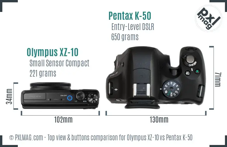 Olympus XZ-10 vs Pentax K-50 top view buttons comparison