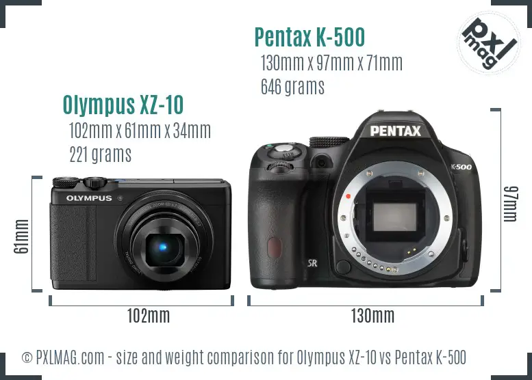 Olympus XZ-10 vs Pentax K-500 size comparison