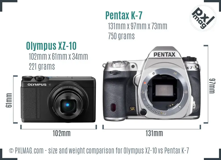 Olympus XZ-10 vs Pentax K-7 size comparison