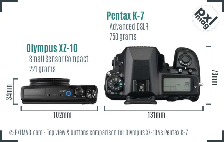 Olympus XZ-10 vs Pentax K-7 top view buttons comparison