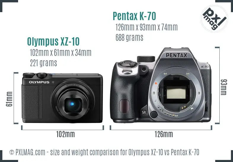 Olympus XZ-10 vs Pentax K-70 size comparison