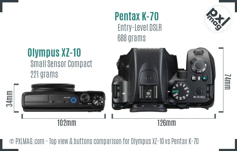 Olympus XZ-10 vs Pentax K-70 top view buttons comparison