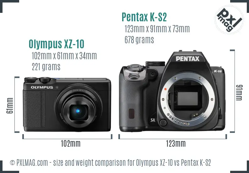 Olympus XZ-10 vs Pentax K-S2 size comparison