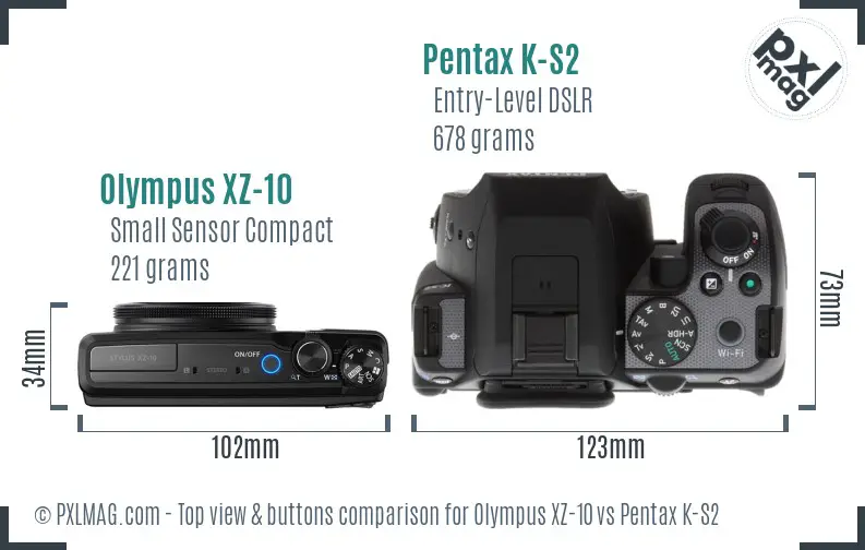 Olympus XZ-10 vs Pentax K-S2 top view buttons comparison