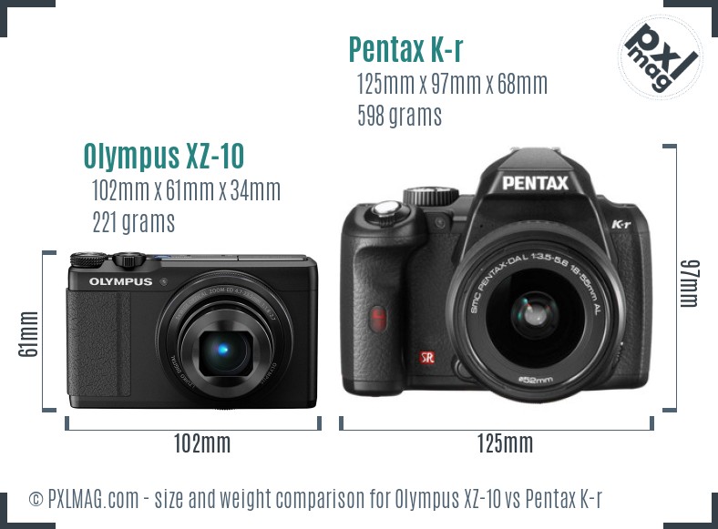 Olympus XZ-10 vs Pentax K-r size comparison