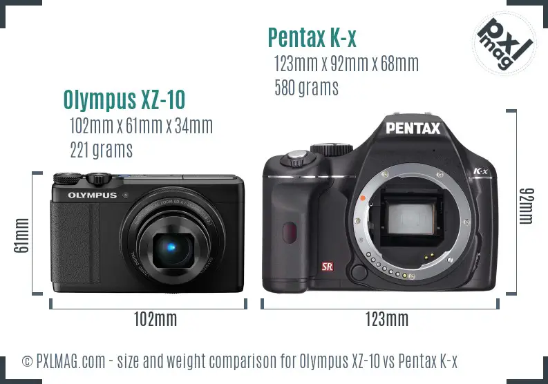 Olympus XZ-10 vs Pentax K-x size comparison