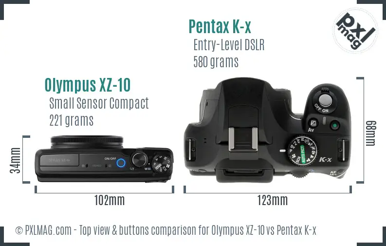Olympus XZ-10 vs Pentax K-x top view buttons comparison