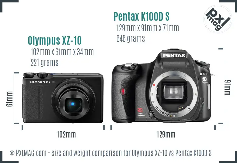 Olympus XZ-10 vs Pentax K100D S size comparison