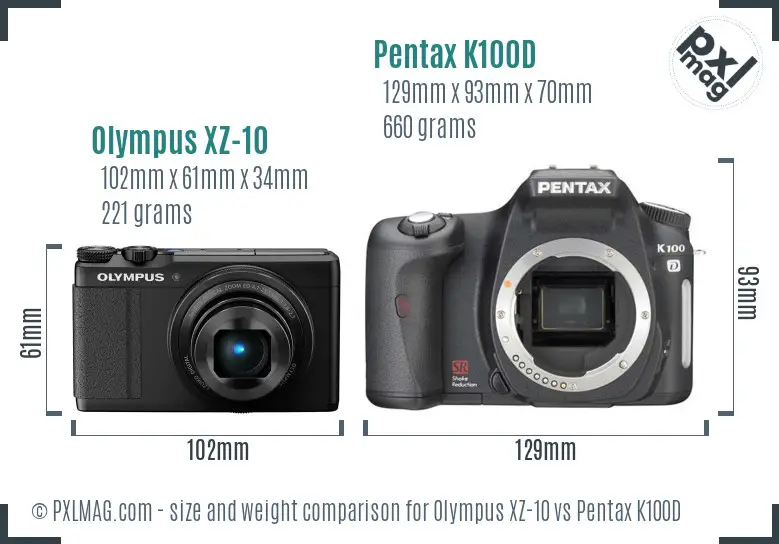 Olympus XZ-10 vs Pentax K100D size comparison