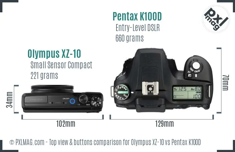 Olympus XZ-10 vs Pentax K100D top view buttons comparison