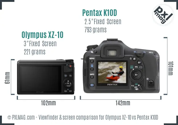 Olympus XZ-10 vs Pentax K10D Screen and Viewfinder comparison