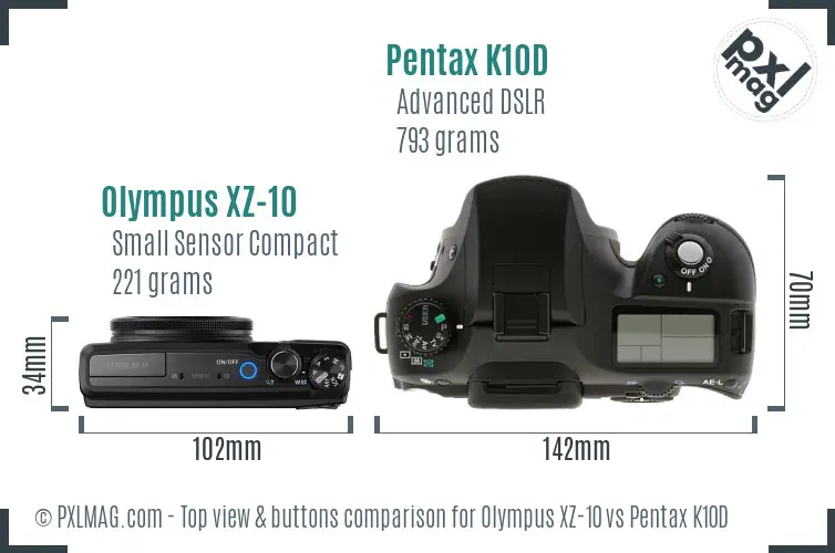 Olympus XZ-10 vs Pentax K10D top view buttons comparison