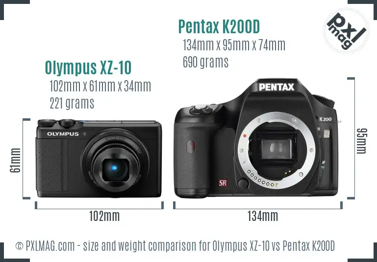 Olympus XZ-10 vs Pentax K200D size comparison