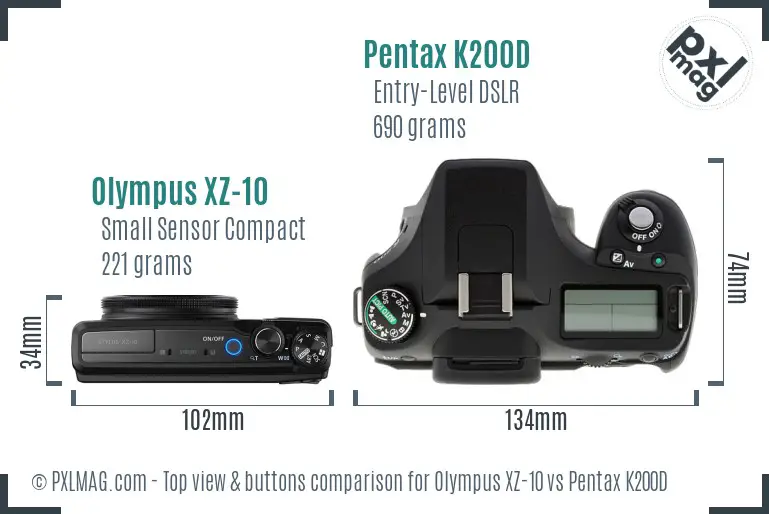 Olympus XZ-10 vs Pentax K200D top view buttons comparison