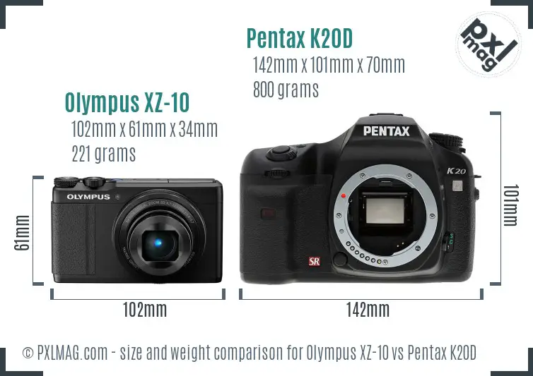 Olympus XZ-10 vs Pentax K20D size comparison